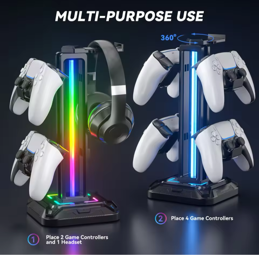 PS5 Controller & Headset Holder with 9 Light Modes – Rotatable Headphone Stand & Detachable Controller Hook