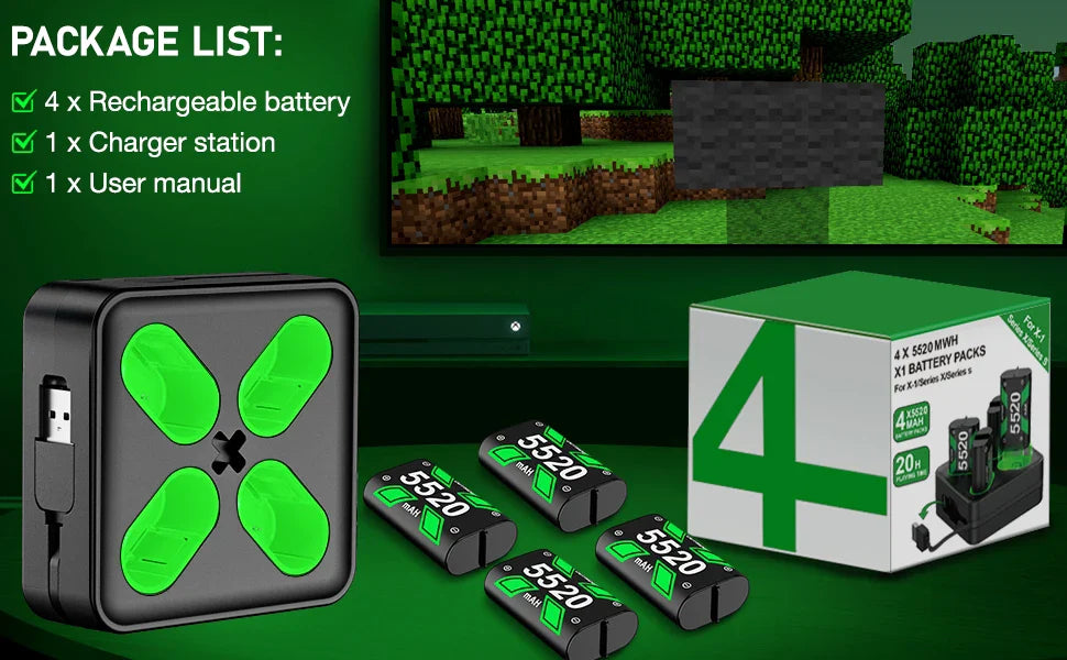 Xbox Controller Battery Recharging Station – 4x 5520mWh Rechargeable Batteries with USB/Type-C Charger