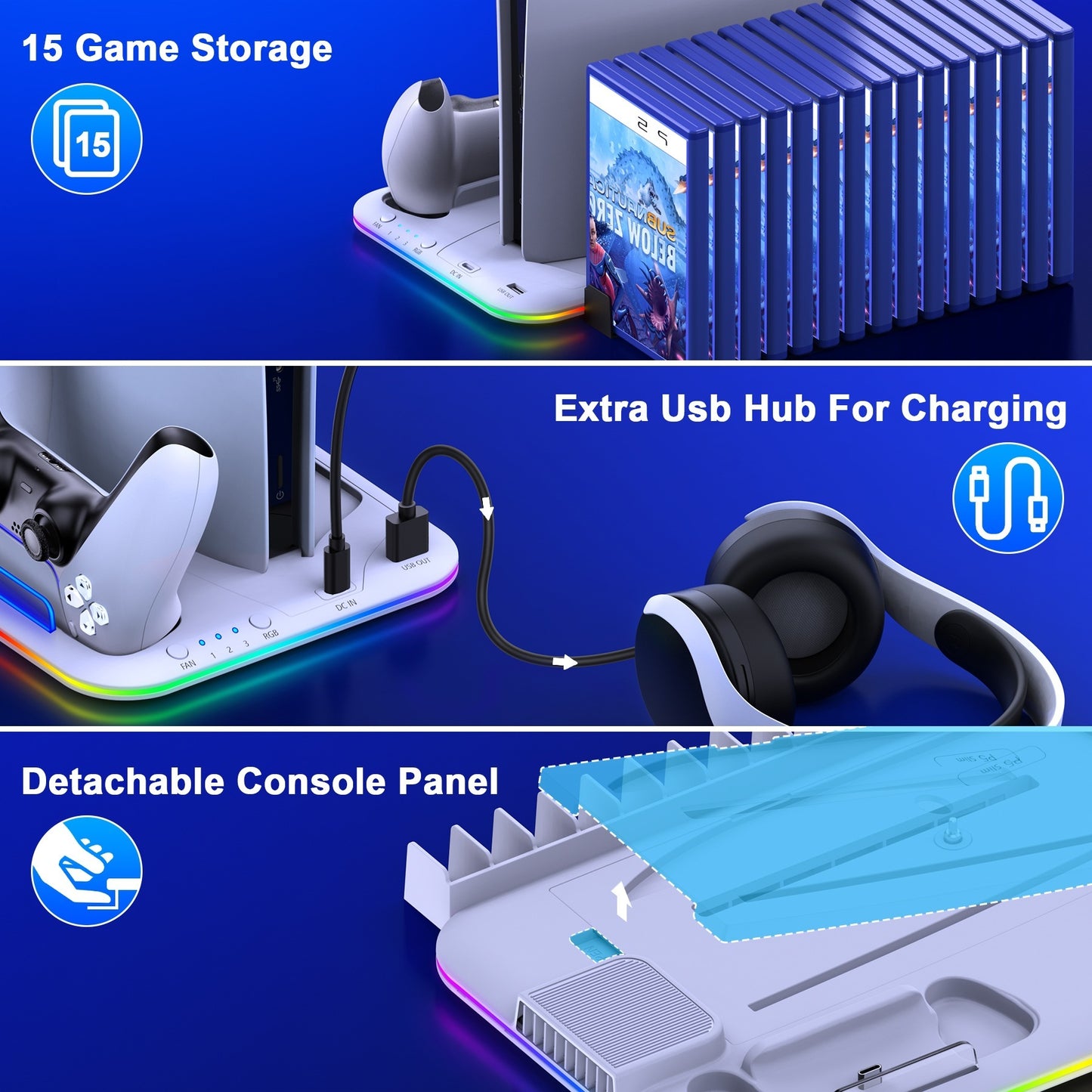 GAMINJA P58 RGB Cooling Stand for PS5 Slim – Controller Charging Base with Headset Hook & Game Disc Storage