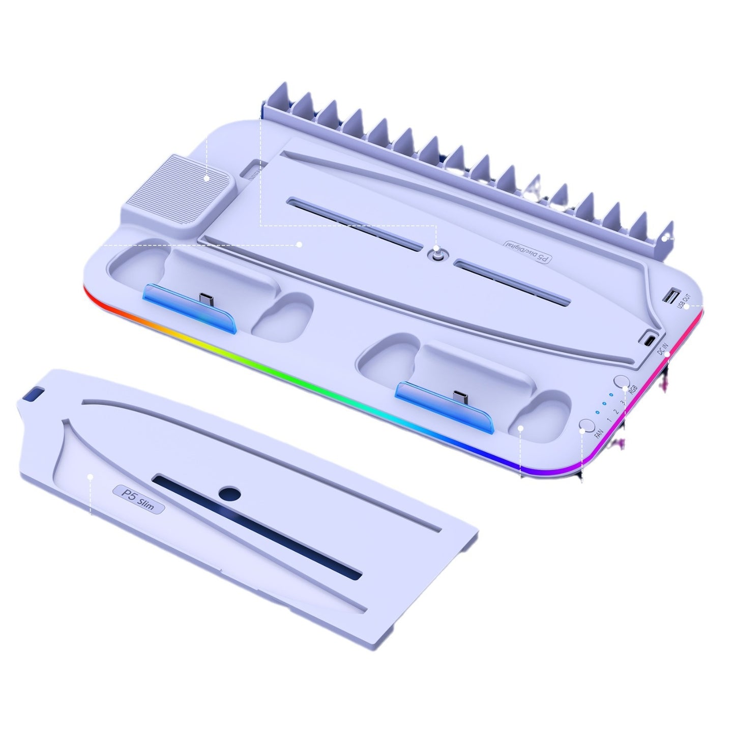 GAMINJA P58 RGB Cooling Stand for PS5 Slim – Controller Charging Base with Headset Hook & Game Disc Storage