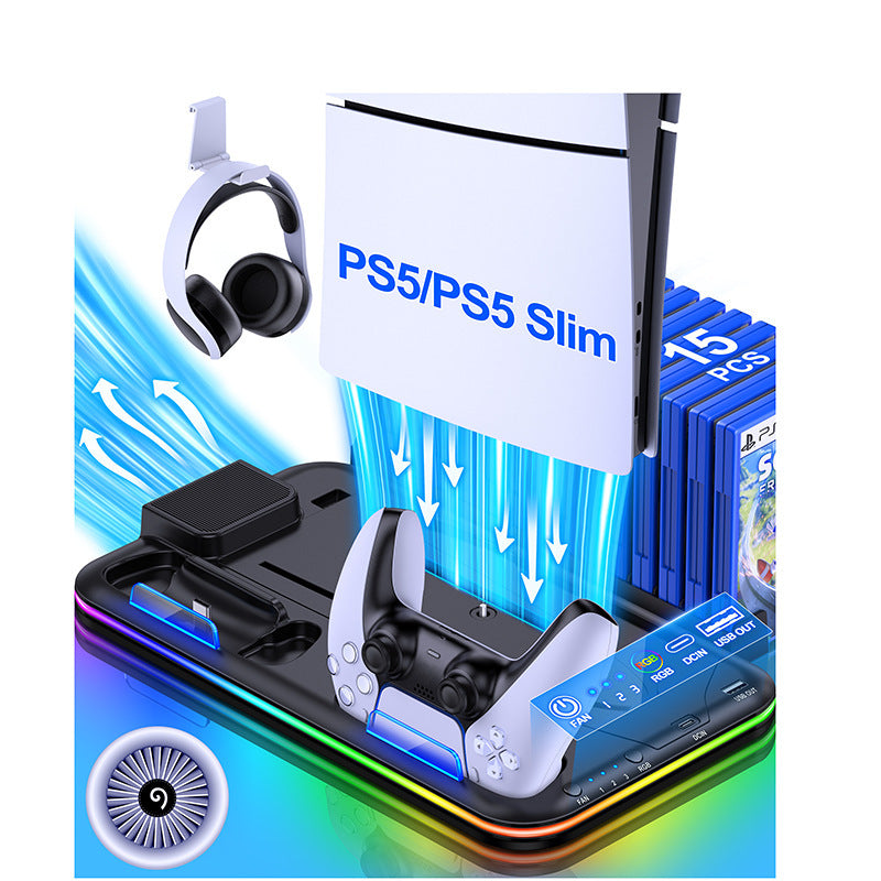 GAMINJA P58 RGB Cooling Stand for PS5 Slim – Controller Charging Base with Headset Hook & Game Disc Storage