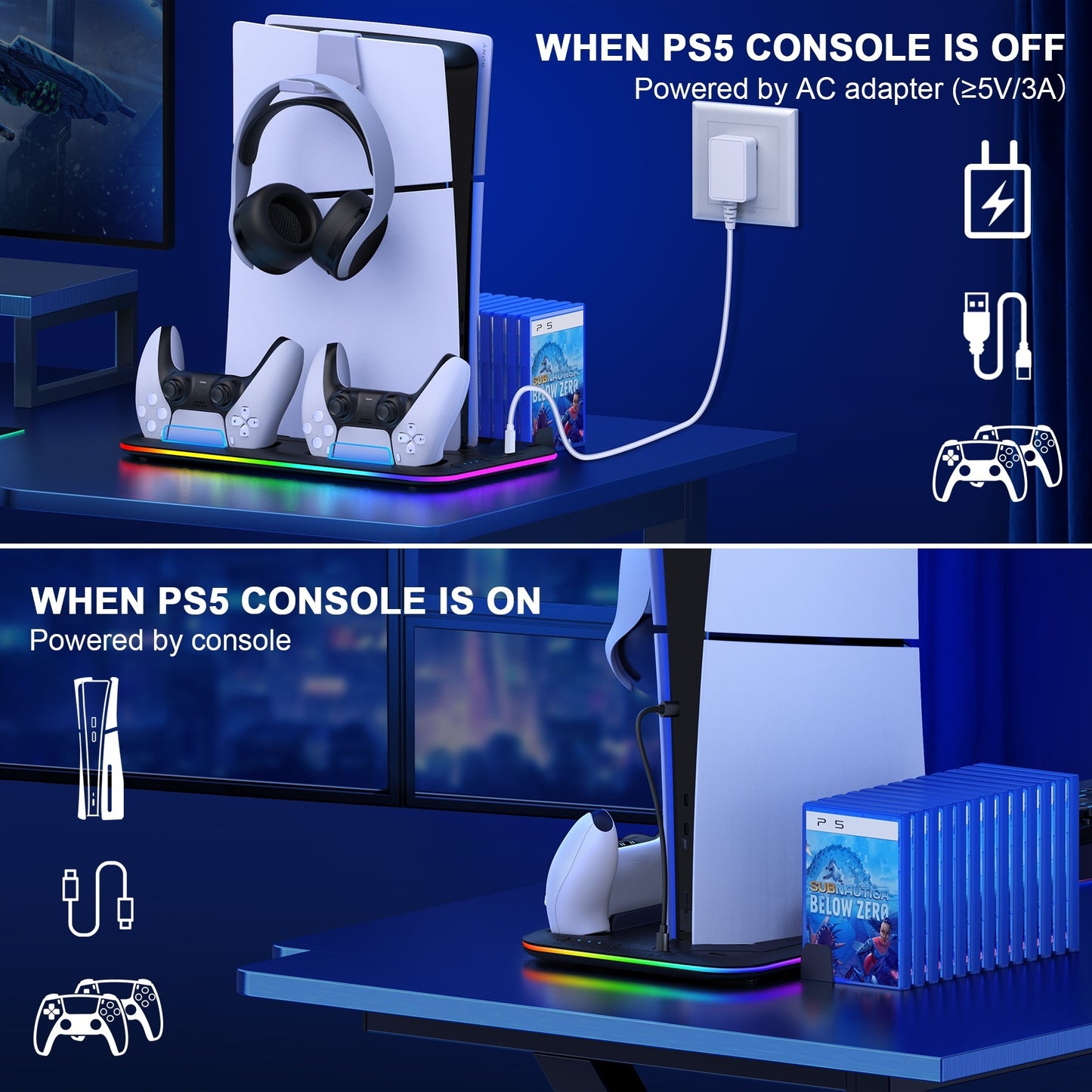 GAMINJA P58 RGB Cooling Stand for PS5 Slim – Controller Charging Base with Headset Hook & Game Disc Storage