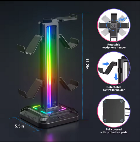 PS5 Controller & Headset Holder with 9 Light Modes – Rotatable Headphone Stand & Detachable Controller Hook