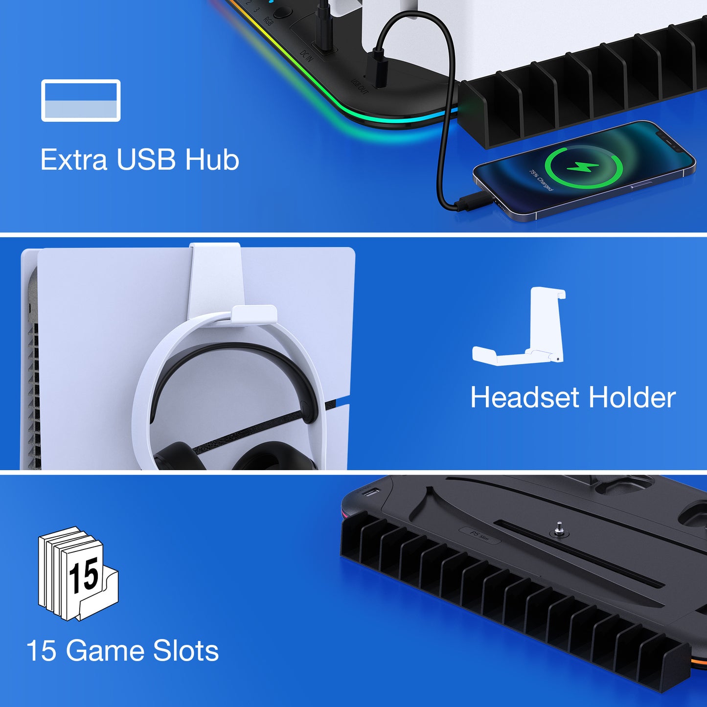 GAMINJA P58 RGB Cooling Stand for PS5 Slim – Controller Charging Base with Headset Hook & Game Disc Storage