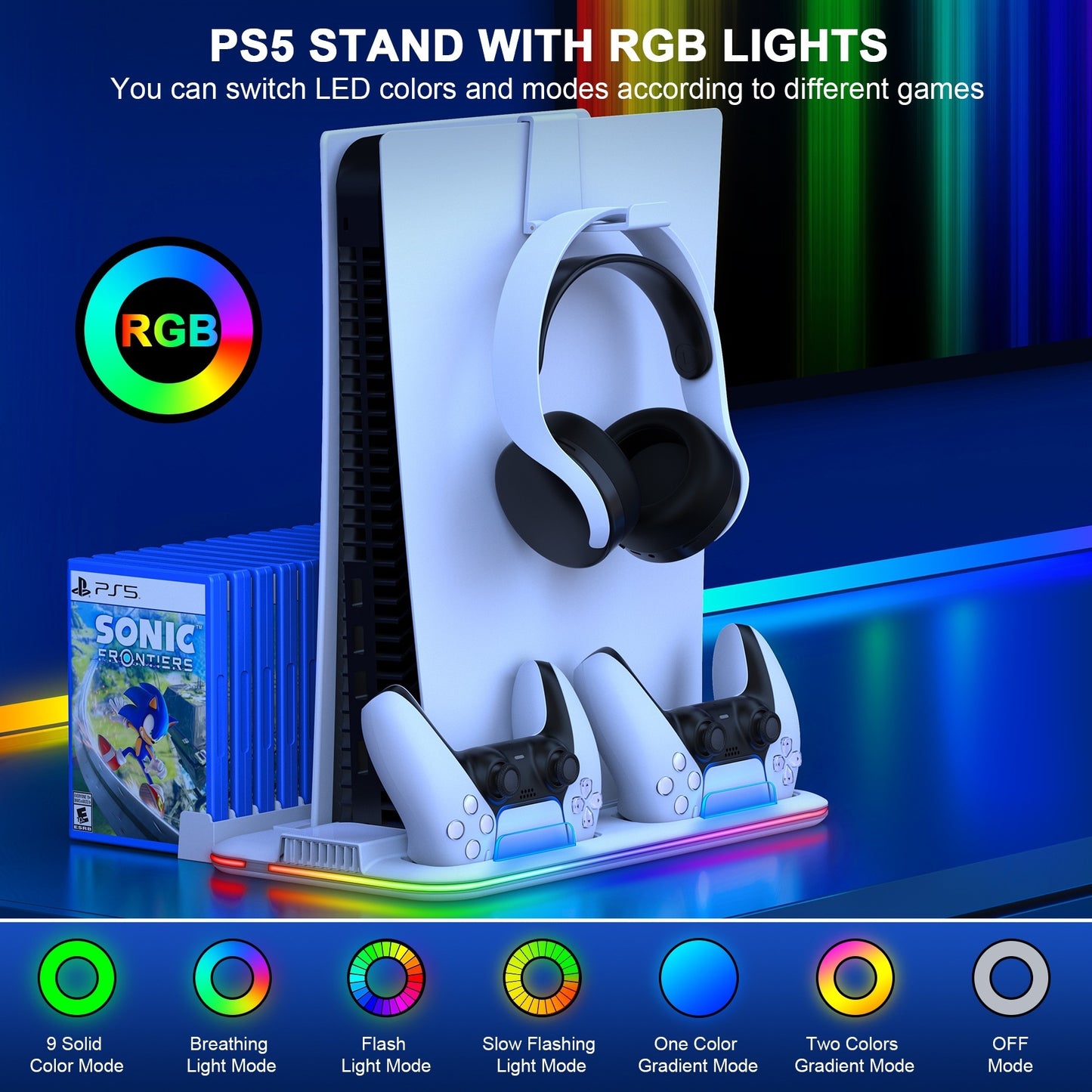 GAMINJA P58 RGB Cooling Stand for PS5 Slim – Controller Charging Base with Headset Hook & Game Disc Storage