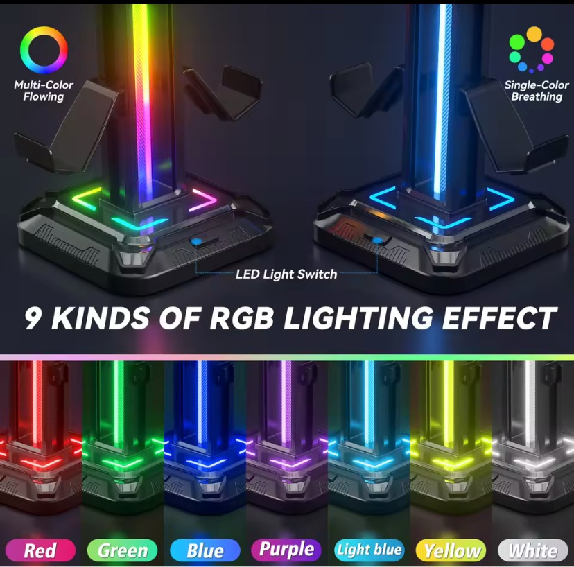 PS5 Controller & Headset Holder with 9 Light Modes – Rotatable Headphone Stand & Detachable Controller Hook