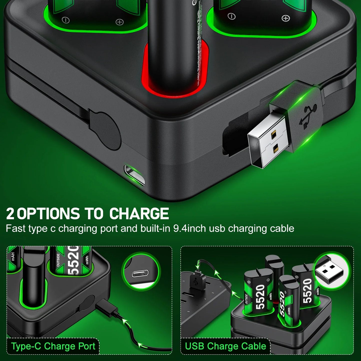 Xbox Controller Battery Recharging Station – 4x 5520mWh Rechargeable Batteries with USB/Type-C Charger