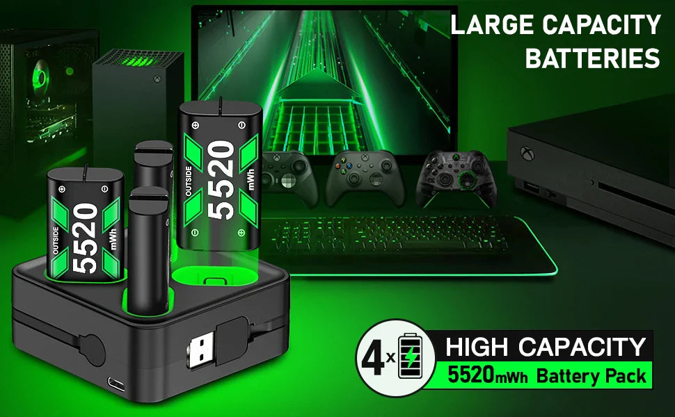 Xbox Controller Battery Recharging Station – 4x 5520mWh Rechargeable Batteries with USB/Type-C Charger