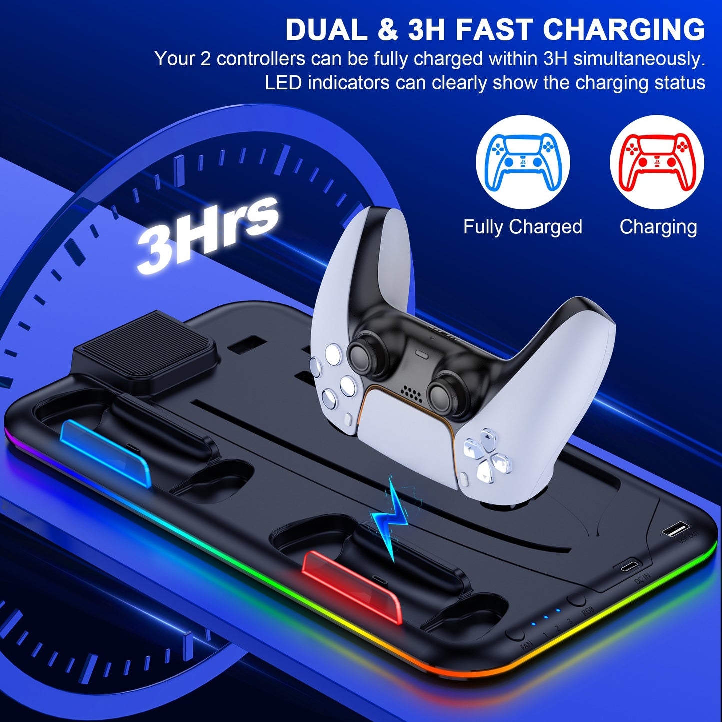 GAMINJA P58 RGB Cooling Stand for PS5 Slim – Controller Charging Base with Headset Hook & Game Disc Storage